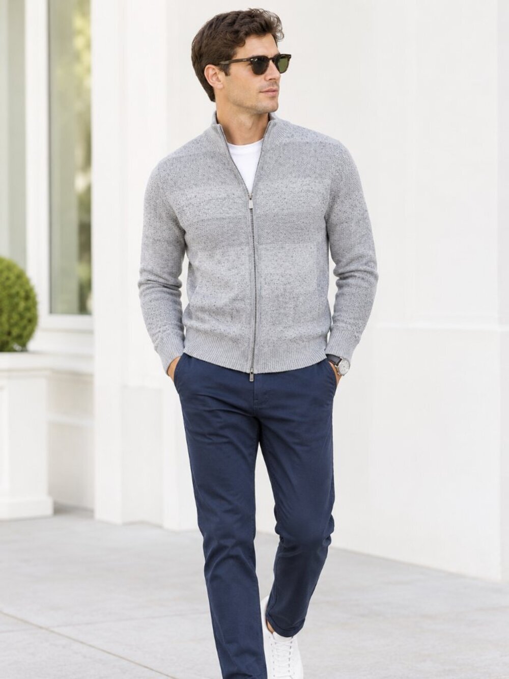 Michael Kors Gray Striped Wool Blend Zip Sweater Small S Preppy Office Money